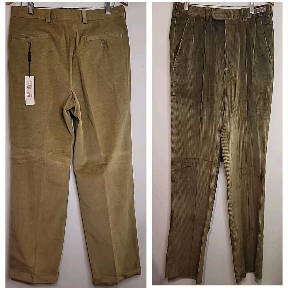 Keith Moor‎ Men's Corduroy Pants 34 Brown Olive Green Pleats Cuff Unhemed Lot 2